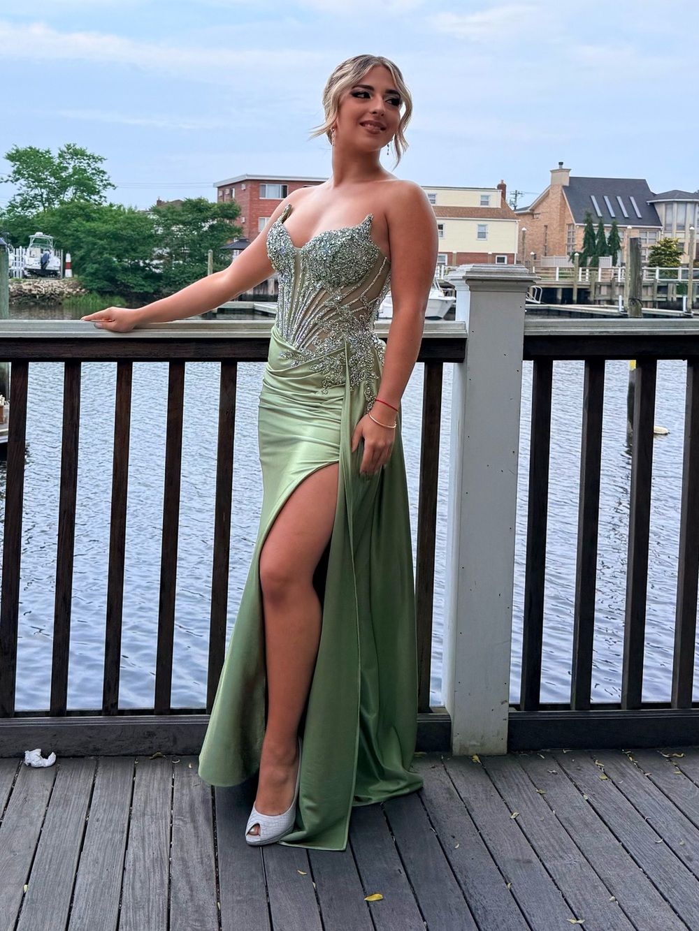 Embellished Sage Green Prom Dress with High Slit